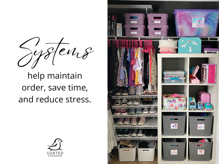 A neatly organized closet featuring color-coded clothing on matching hangers, labeled bins on shelves, and shoes arranged by type—illustrating a functional home organizing system.